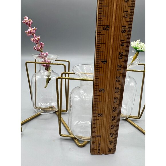 Mid-Century Modern Brass & Glass Geometric Bud Vase Set w 4 Vases - Picture 2 of 12